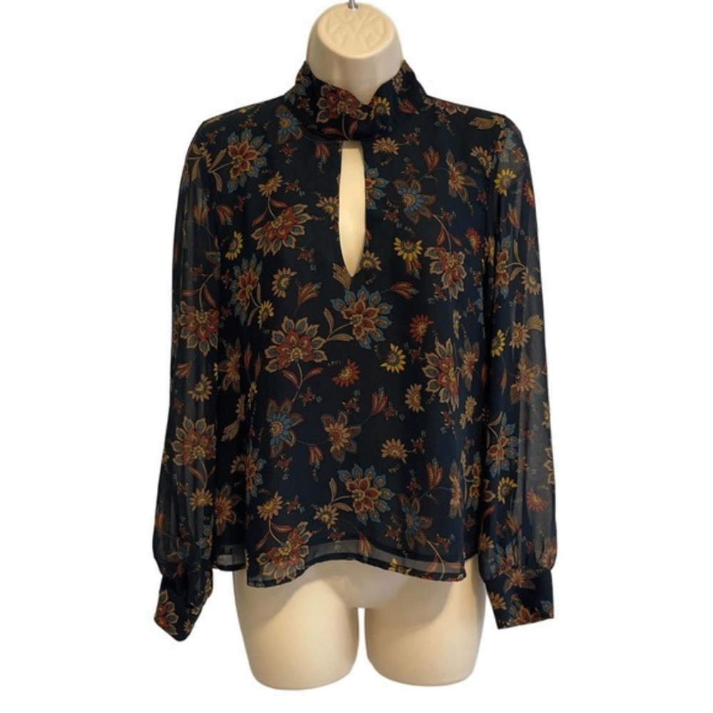 Karlie Navy Floral Print Long Sleeve Lined Open Back‎ Blouse Medium